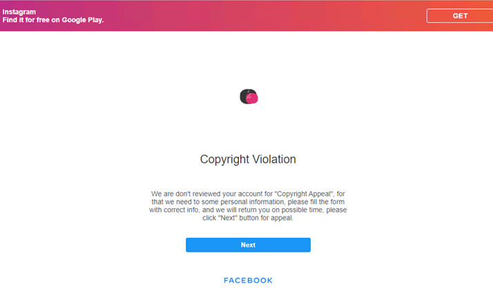 Figure 2 Phishing page claiming Instagram copyright violation
