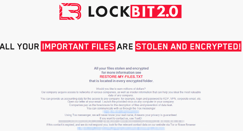 圖 5：LockBit 2.0 的勒索訊息電腦桌布。Figure 5. The LockBit 2.0 ransom note as a desktop wallpaper 