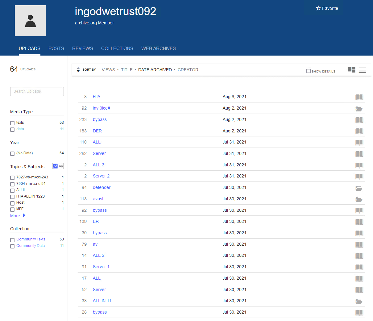 Figure 6. The archive.org account hosting the loader’s scripts