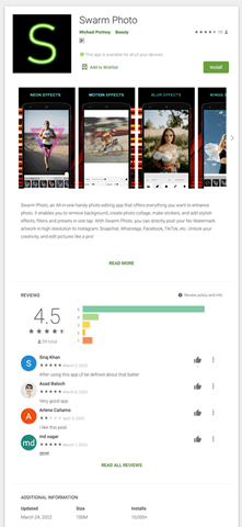 Figure 7. The Google Play page for Swarm Photo