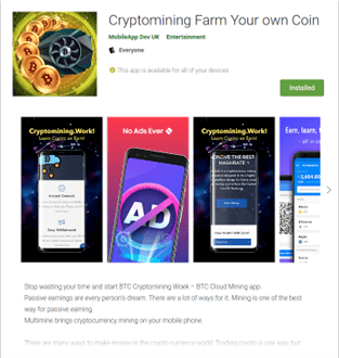 圖 9：Cryptomining Farm Your own Coin 在 Google Play 上的介紹頁面。