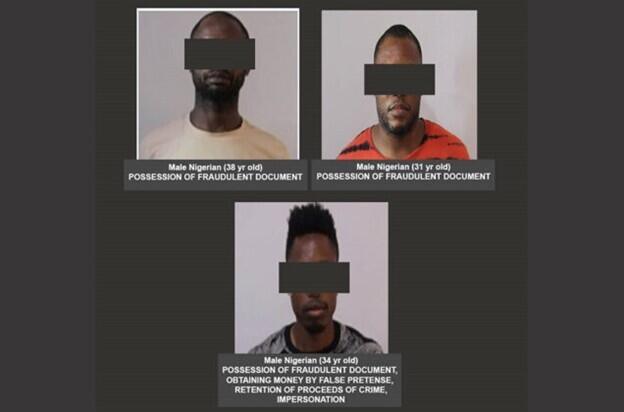 圖 2：EFCC 逮捕了三名專門從事資訊竊取與變臉詐騙的嫌犯。影像來源：Interpol。
EFCC arrested three malicious actors involved with information-stealing campaigns and BEC scams. Image courtesy of Interpol.
