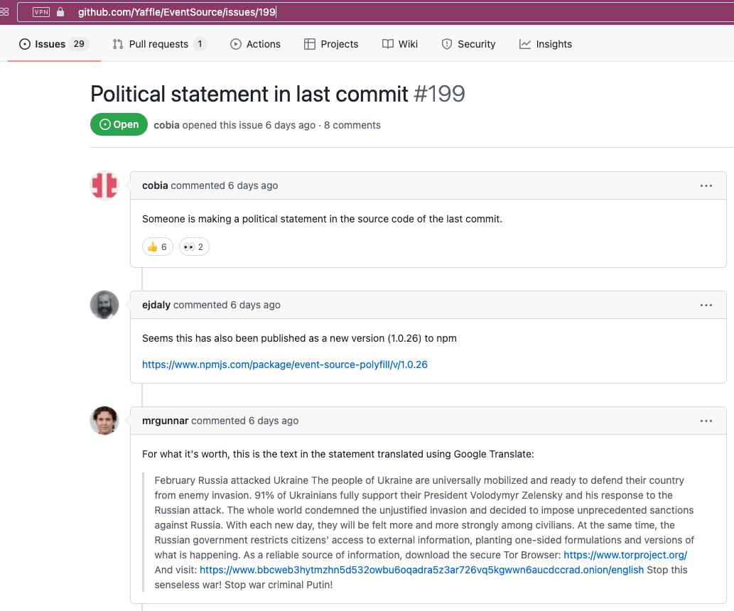 The opened issue on GitHub pertaining to an undesired code commit in the EventSource package