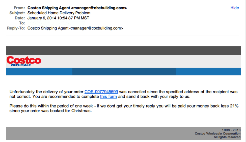 Costco phishing email