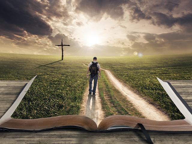 man walking across the grass and a Bible