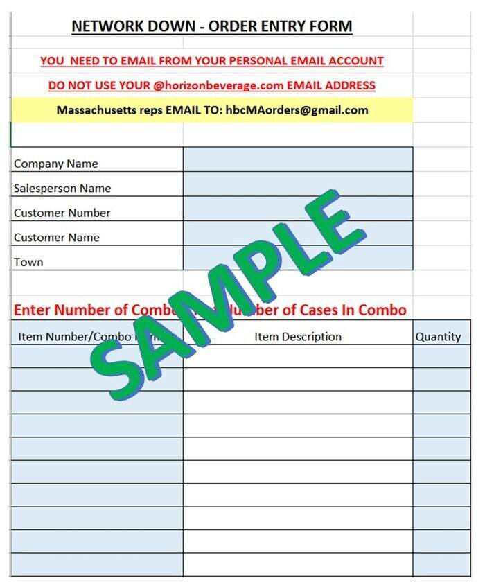 Sales Order Form If Network Down