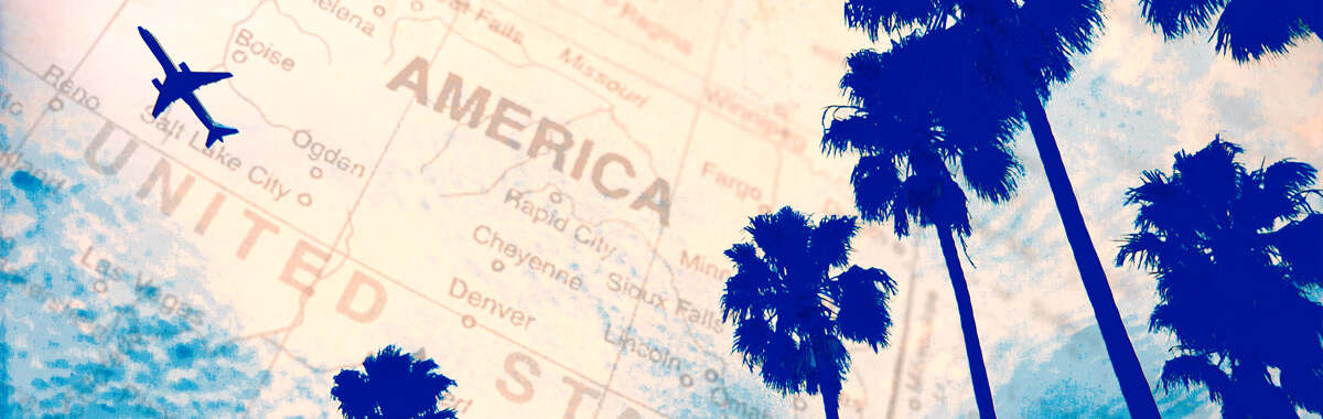 Montage of palm trees, an airplane and a map of the U.S.  superimposed over the sky
