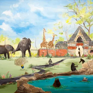 a mural of a zoo