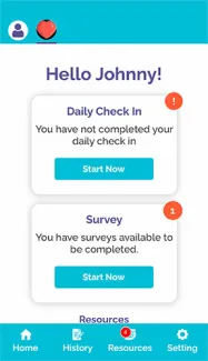Screeenshot of vRheum App that displays the "Daily Check-in" and Survey links