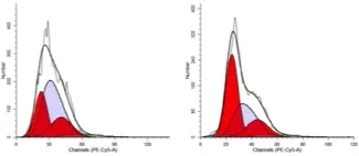 two graphs with red and purple hills showing 7AAD Cell Cycle Flow Cytometry