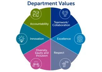 Department Values: Accountability, Teamwork/Collaboration, Excellence, Respect, Diversity, Equity and Inclusion, Innovation.