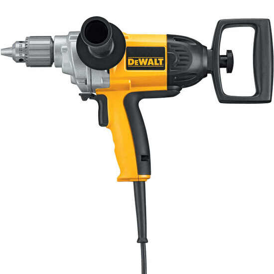 Dewalt DW130V drill with spade handle for mixing mud or mortar into a bucket