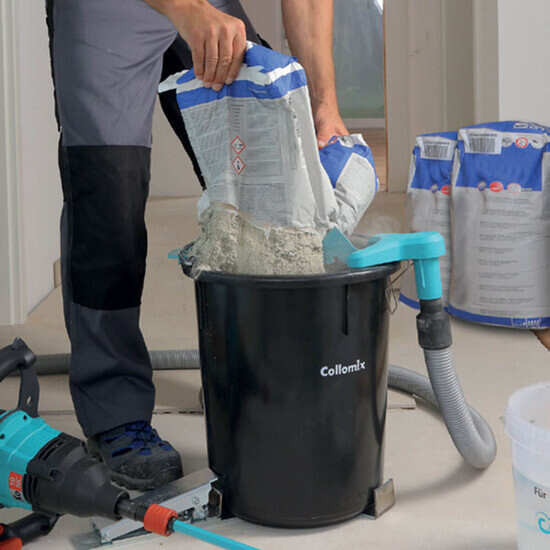 19040 Collomix dust.EX Dust Extraction for a much cleaner and more precise pouring for setting material or grout saving time on cleanup, quick attachment allows the pouring to be fast and accurate