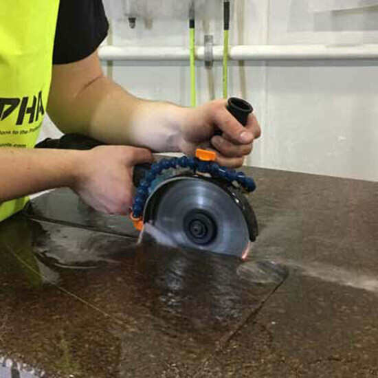 wet grinding, profiling and cutting. The wet cutting kit allows you to use wet diamond blades, expanding what you can do with just your angle grinder