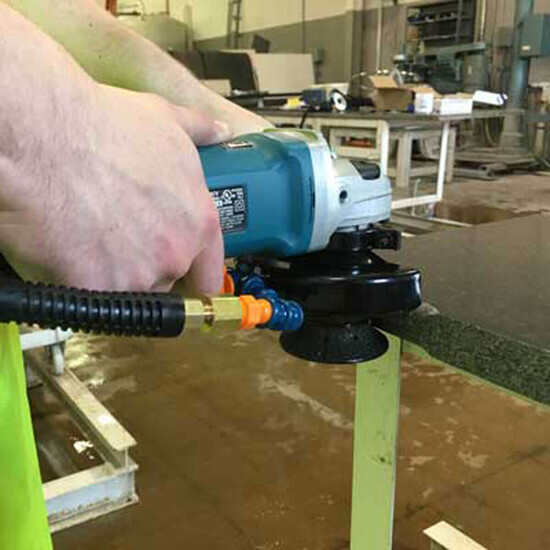 Alpha Tools Wet Blade Cutting Kit using stone router on granite slab edge for Angle Grinders
