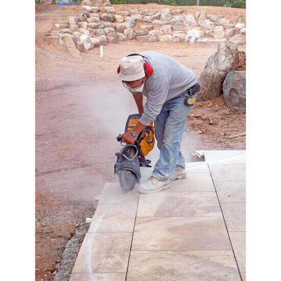 Cutting porcelain pavers with demolition saw and Alpha PT cutter