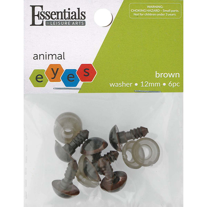 Essentials by Leisure Eyes Animal 12mm W/Washer Brown 6pc