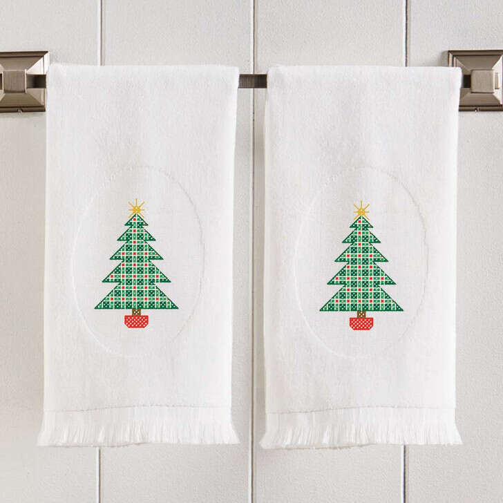 Herrschners Checkered Tree Terry Towel Pair Stamped Cross-Stitch