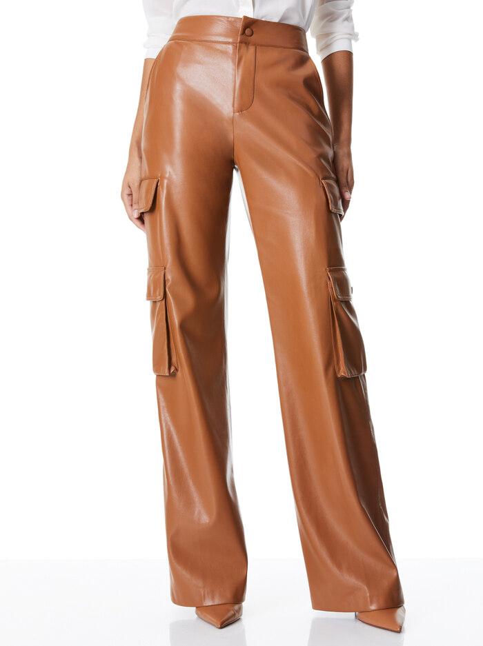 HAYES VEGAN LEATHER WIDE LEG PANT - CAMEL - Alice And Olivia