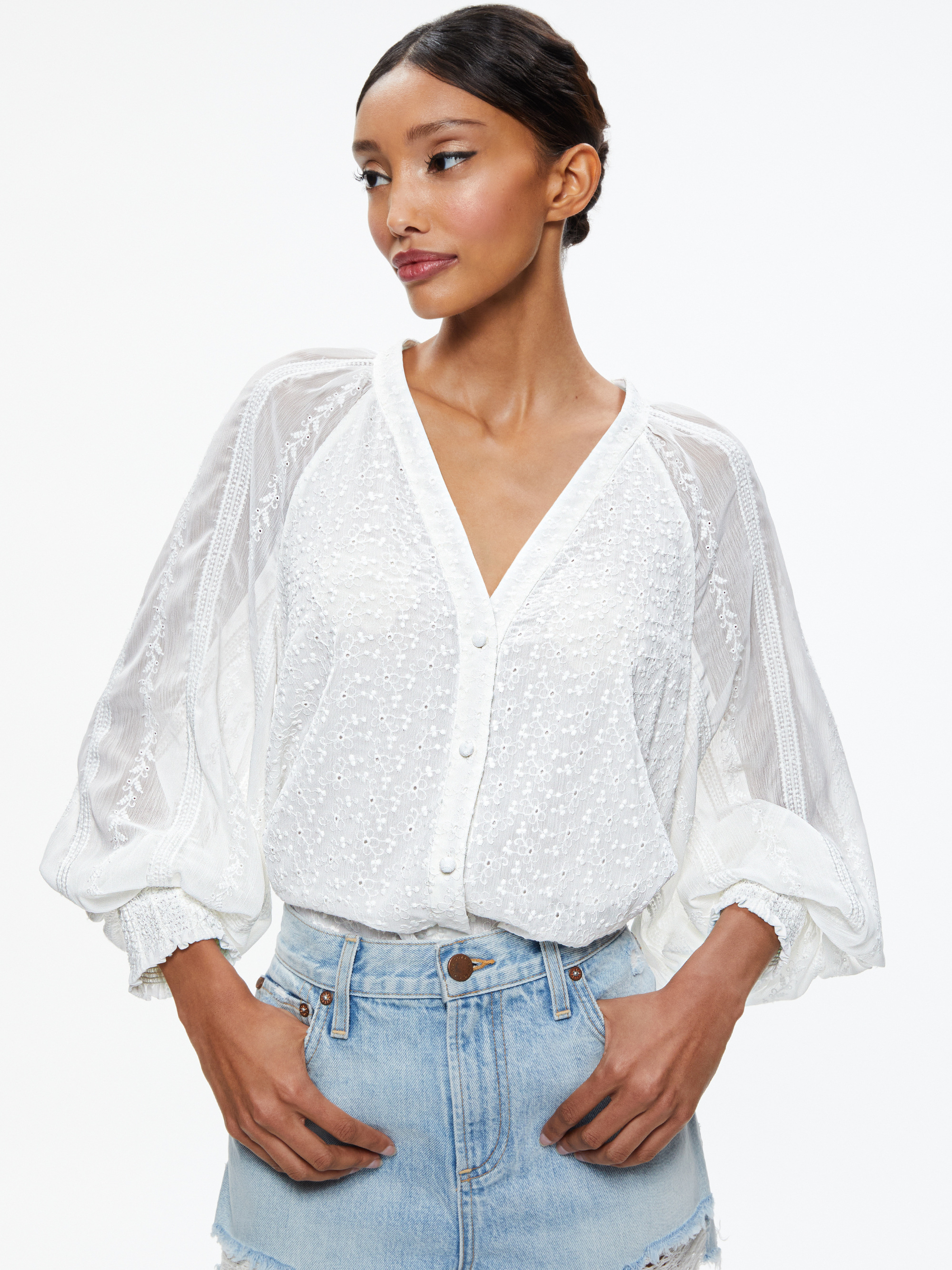 LANG EMBROIDERED BUTTON DOWN BLOUSE - WHITE - Alice And Olivia