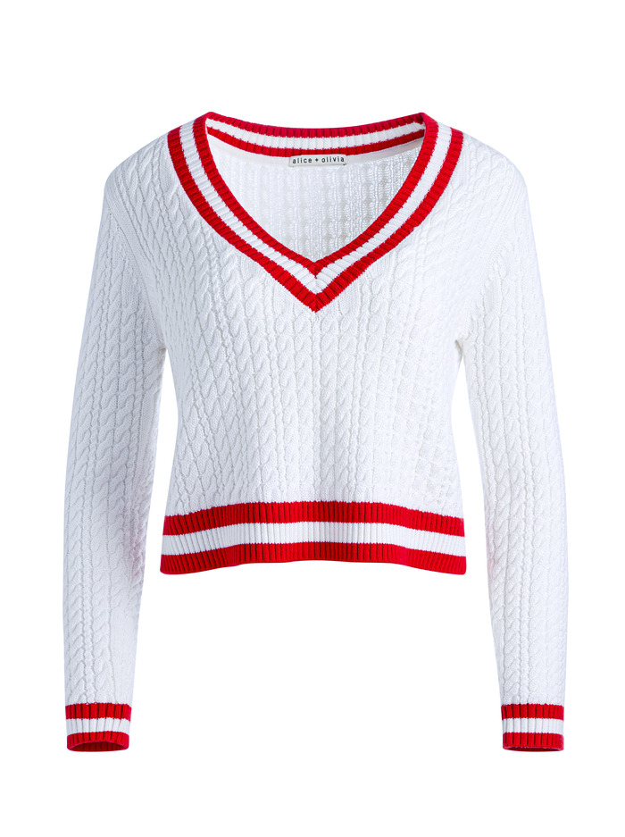 MARIKA CABLE KNIT V-NECK PULLOVER - SOFT WHITE/PERFECT RUBY image 5 - Alice And Olivia