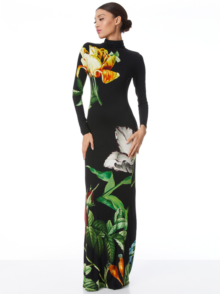 DELORA FITTED LONG SLEEVE MAXI DRESS - ATRIUM FLORAL LG - Alice And Olivia