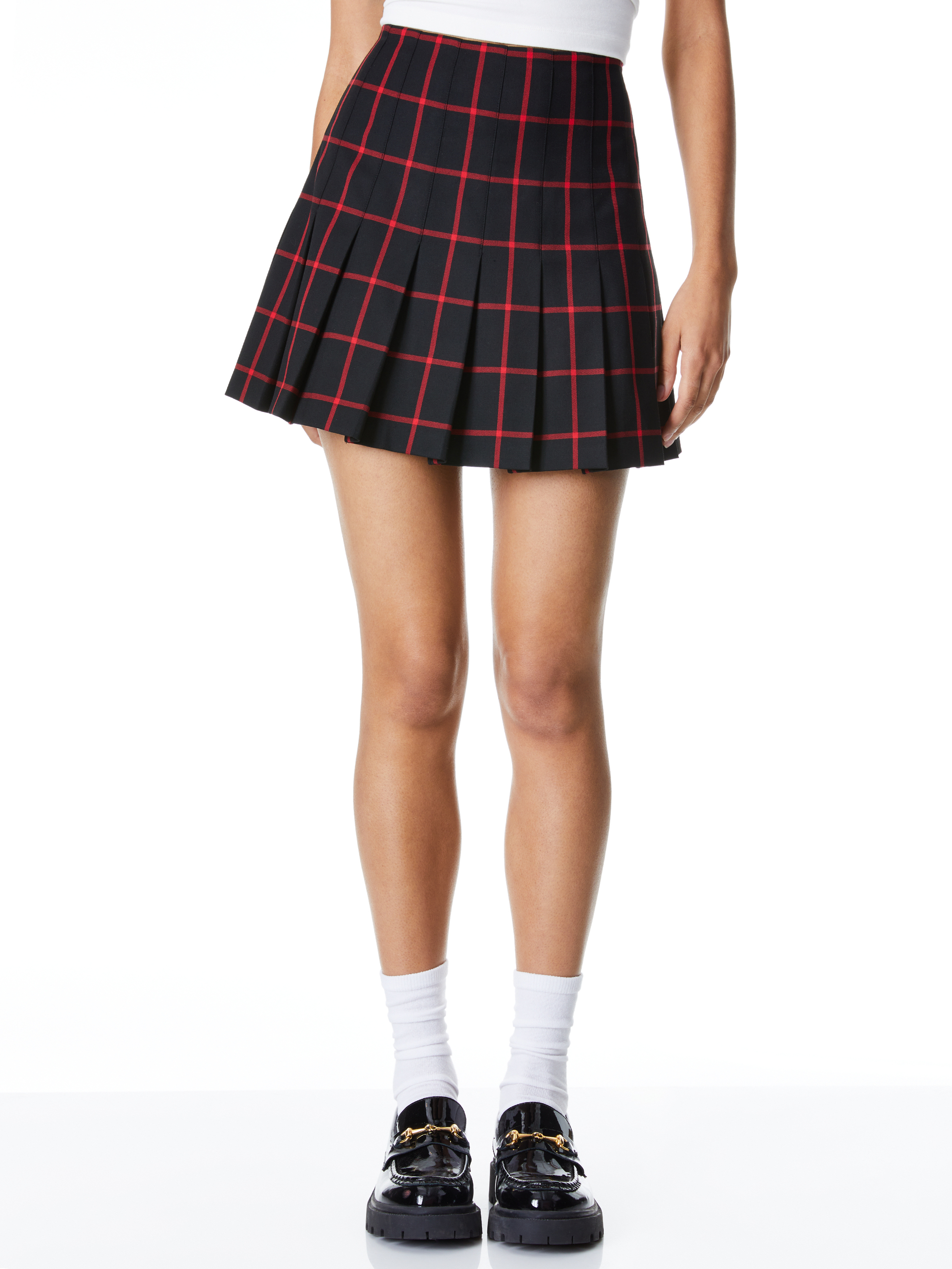 CARTER PLEATED MINI SKIRT - BLACK/PERFECT RUBY - Alice And Olivia