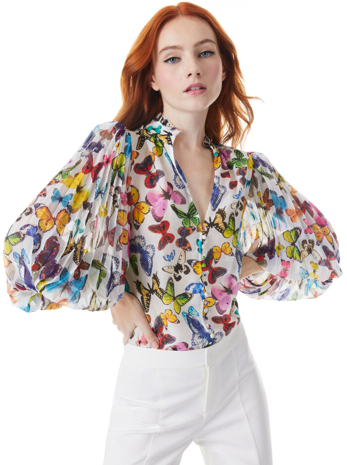 ILAN SMOCKED SLEEVE BUTTON FRONT BLOUSE - BUTTERFLY HIGH OFF WHITE - Alice And Olivia