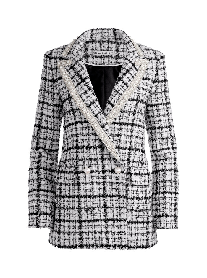 JUSTIN ROLLED CUFF EMBELLISHED DOUBLE BREASTED BLAZER - BLACK/OFF WHITE image 5
