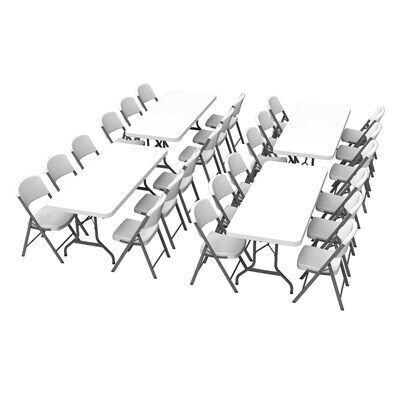 white folding table and chairs