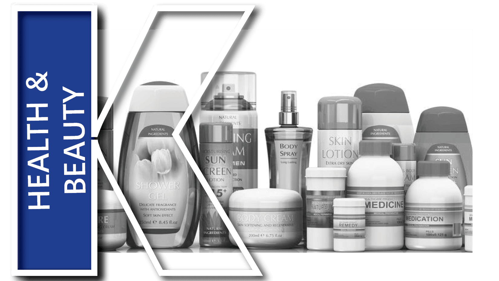 Assortment of skin care products with large K graphic and Health & Beauty in text 