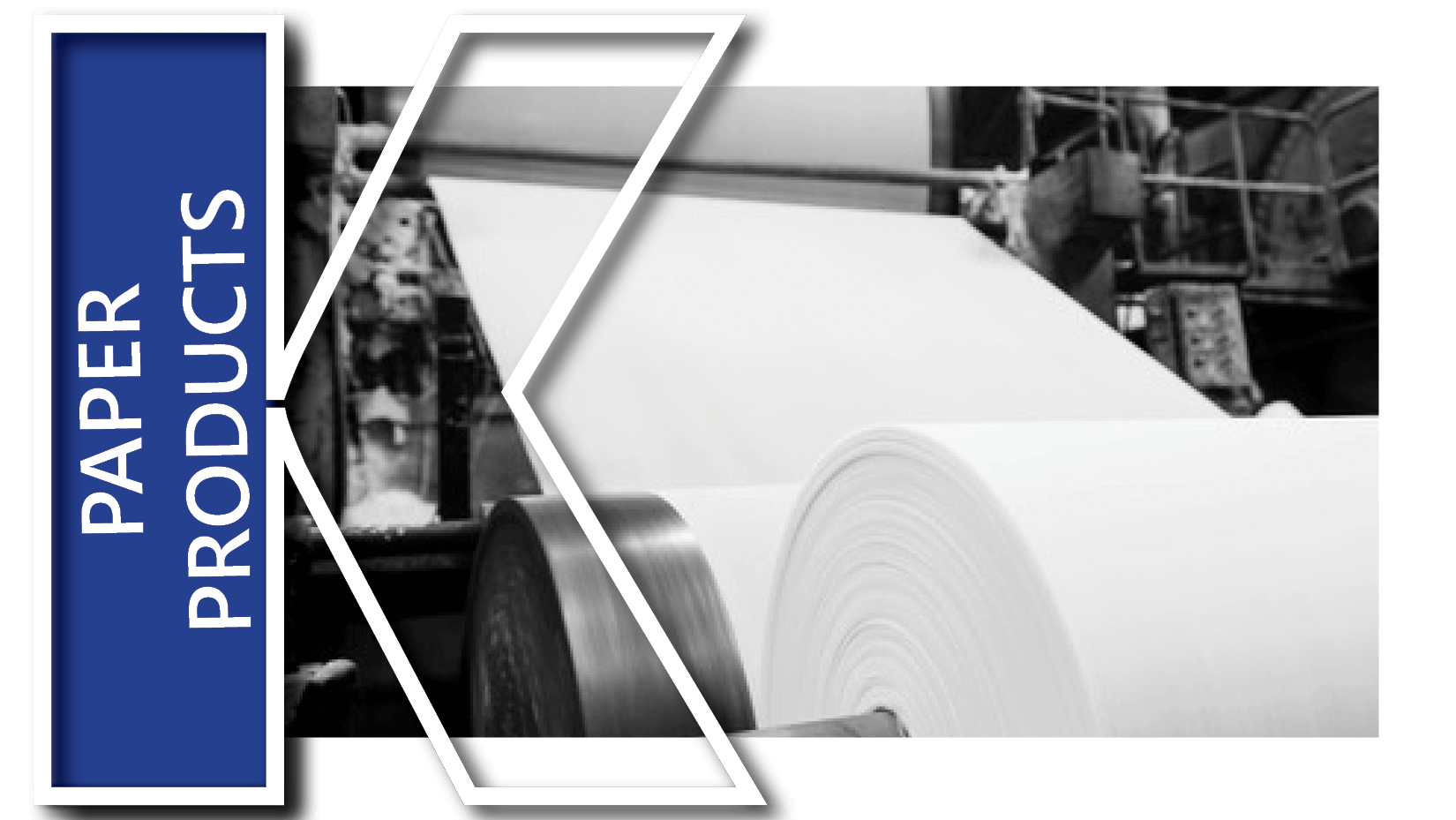 Large paper roll on a machine with large K graphic to the left and Paper Products in text 