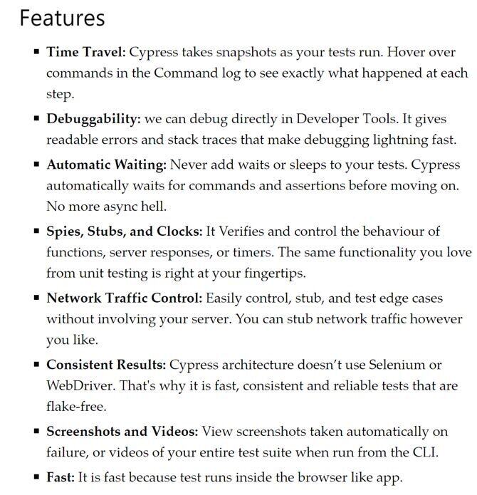Cypress testing features list