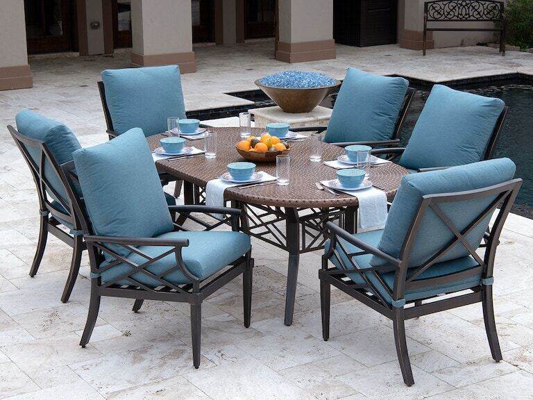 Living Room Es Brushed Bronze Aluminum And Cast Lagoon Cushion 7 Pc Dining Set With 84 X 44 In - Bronze Aluminum Patio Set