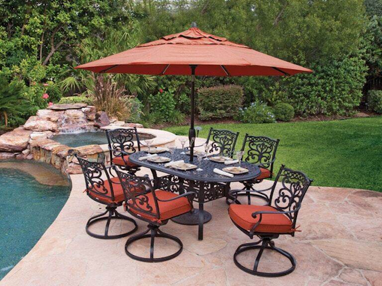 Living Room Milan Aged Bronze Cast Aluminum 7 Pc Swivel Dining Set With 72 X 42 In Table 2309627 - Fortunoff Outdoor Furniture Cushions