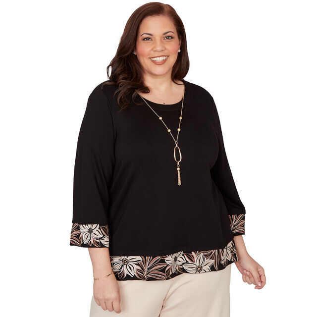 Chemisier Transparent Alfred Dunner Taille L-XL – Manches 3/4, Motif Feuilles Brodées