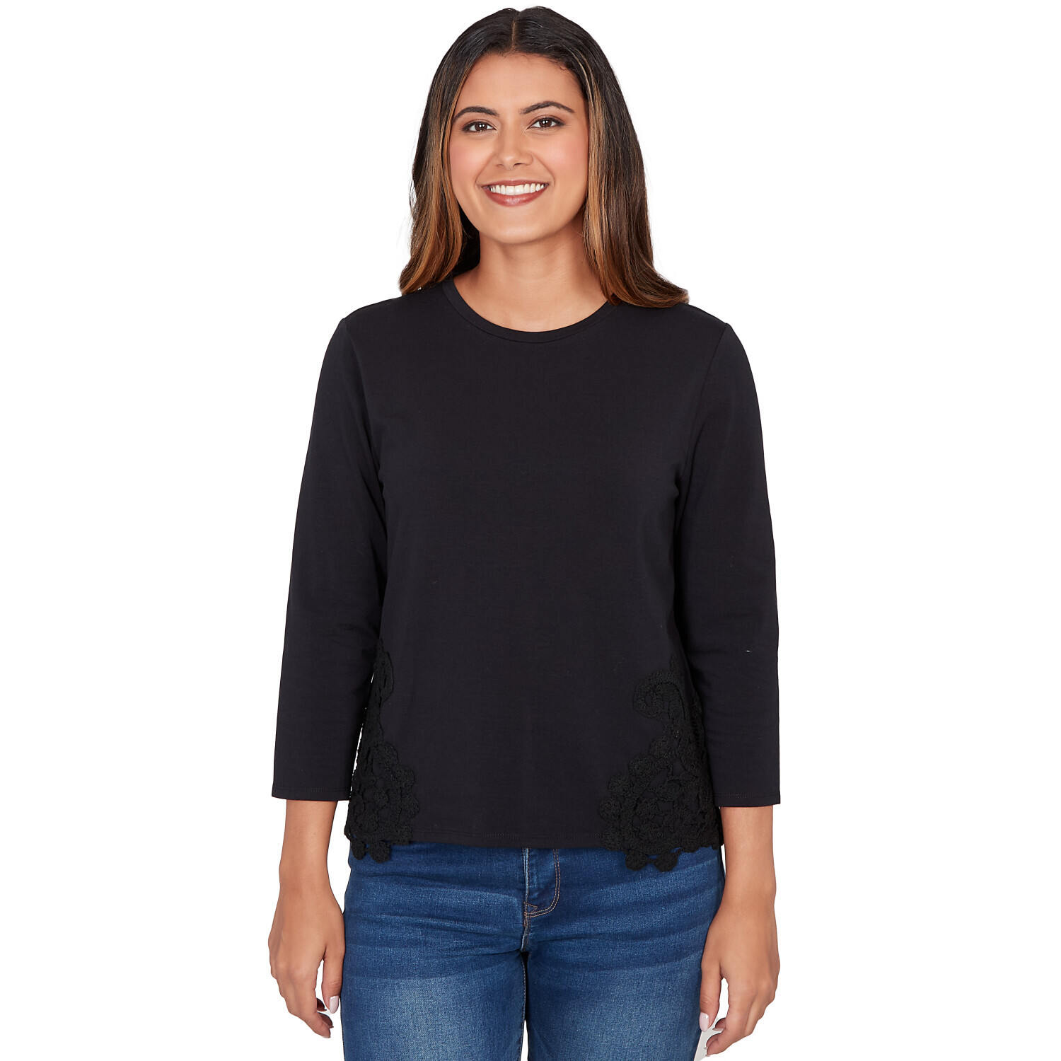 Women's Solid Clip Dot Lace Trim Knit Top | Ruby Rd.