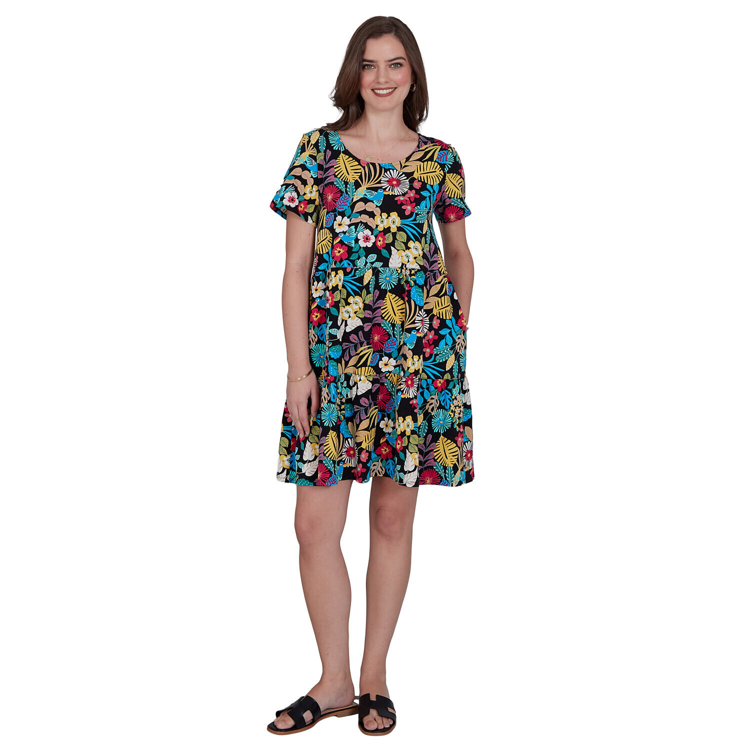Petite Women's Mono Floral Tiered Cotton Knit Pocket Dress