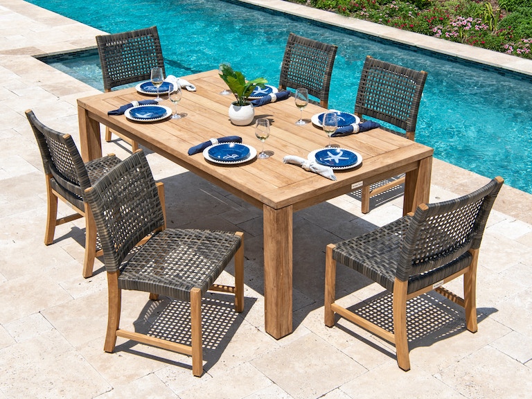 Living Room Hampton Solid Teak And Driftwood Outdoor Wicker 7 Pc Dining Set With 79 X 43 In - Driftwood Color Outdoor Furniture