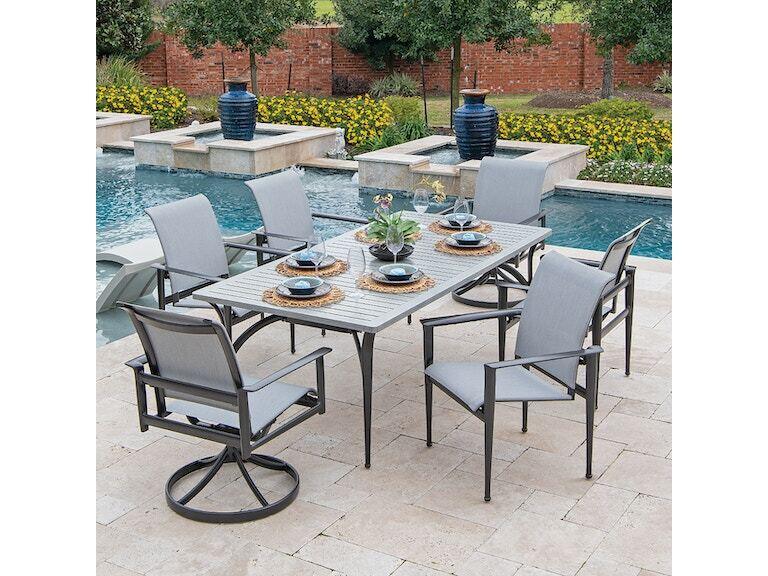 Metro Weathered Teak Cast Aluminum, Sling Back Patio Chairs And Table