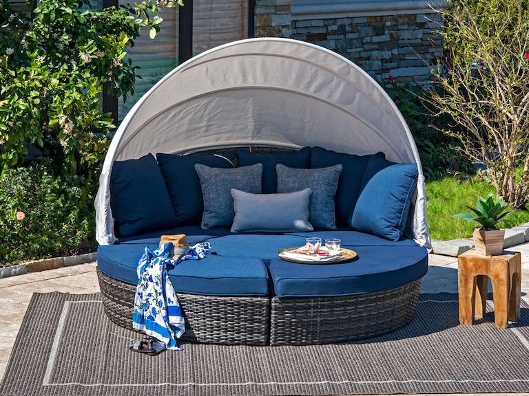 Living Room Contempo Husk Outdoor Wicker And Spectrum Indigo Cushion 4 Pc Daybed With Canopy - Outdoor Wicker Patio Daybed With Ottoman Cushions