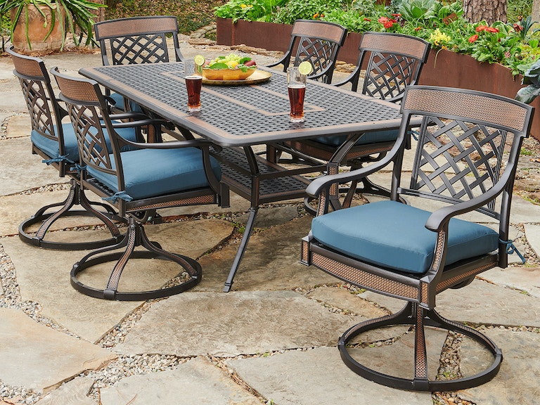 Lexington Golden Mist Cast Aluminum, 7 Pc Aluminum High Dining With Fire Pit Table And Swivel Chairs