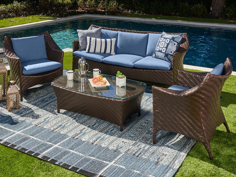 Living Room Martinique Java Brown Outdoor Herringbone Wicker And Spectrum Denim 4 Pc Sofa Group - Java Wicker Sectional Patio Set With Cushions