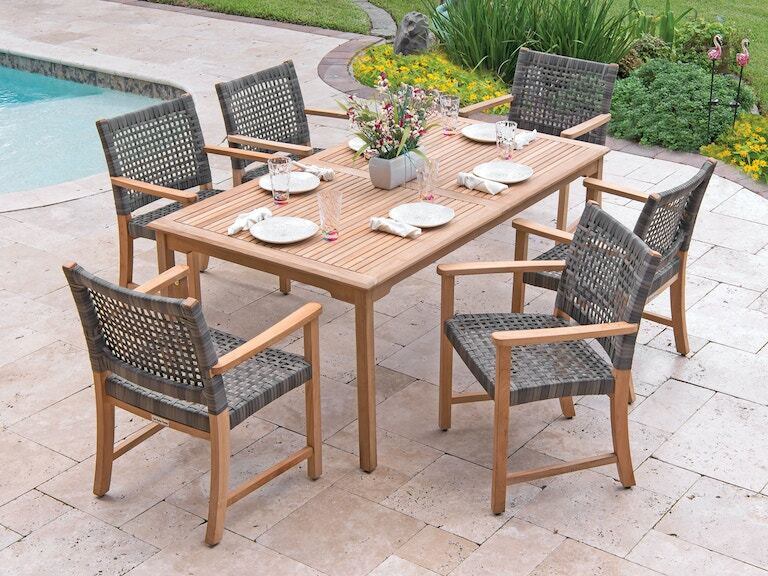 Living Room Hampton Driftwood Outdoor Wicker And Solid Teak 7 Pc Dining Set With 71 X 39 In Table - Is Teak Or Wicker Better For Outdoor Furniture