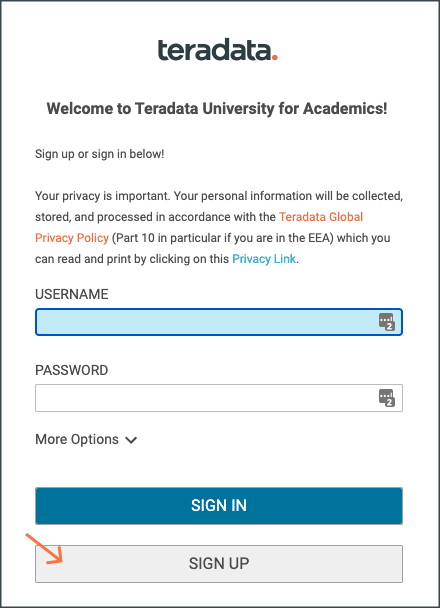 Teradata University for Academics login screen