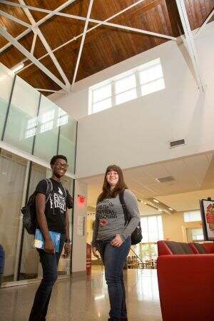 students in recreation center lobby