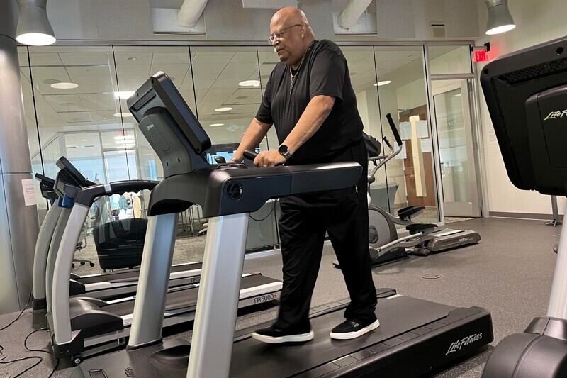Bill Sumiel works out twice weekly at UD’s Renal Rehab as he works on his stamina post-kidney transplant.
