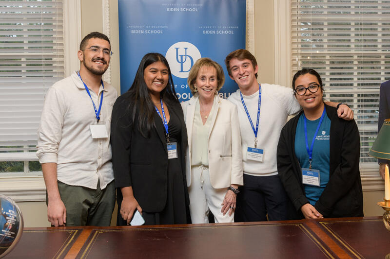 Students participating in the SNF Ithaca National Student Dialogue meet with Valerie Biden Owens, chair of the University of Delaware’s Biden Institute.