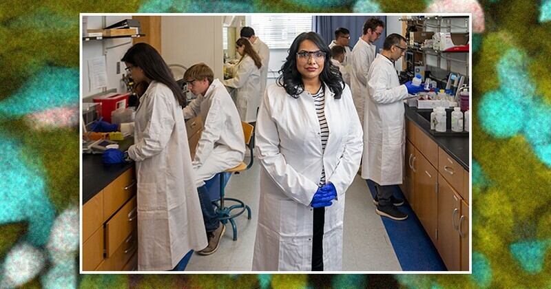 Photo illustration of Sambeeta Das, assistant professor of mechanical engineering, in her lab.