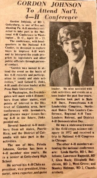 A newspaper clipping from the 1970s announces the national 4-H accomplishments of high school senior Gordon Johnson.